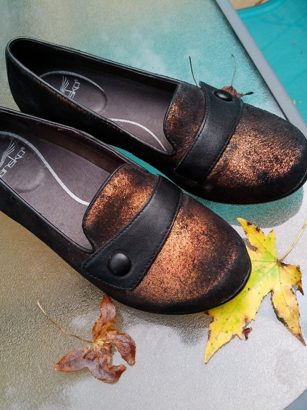 Dansko Metallic Copper and Black Leather Flats